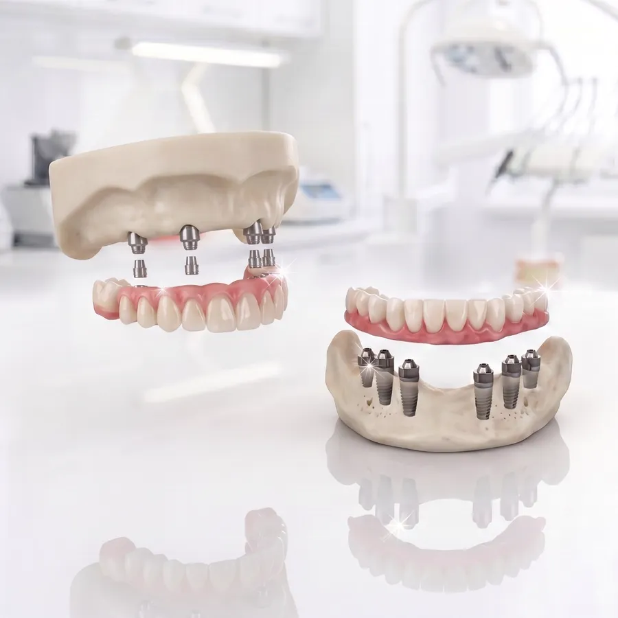 Upper and lower full-arch prostheses above implant-supported jaw models