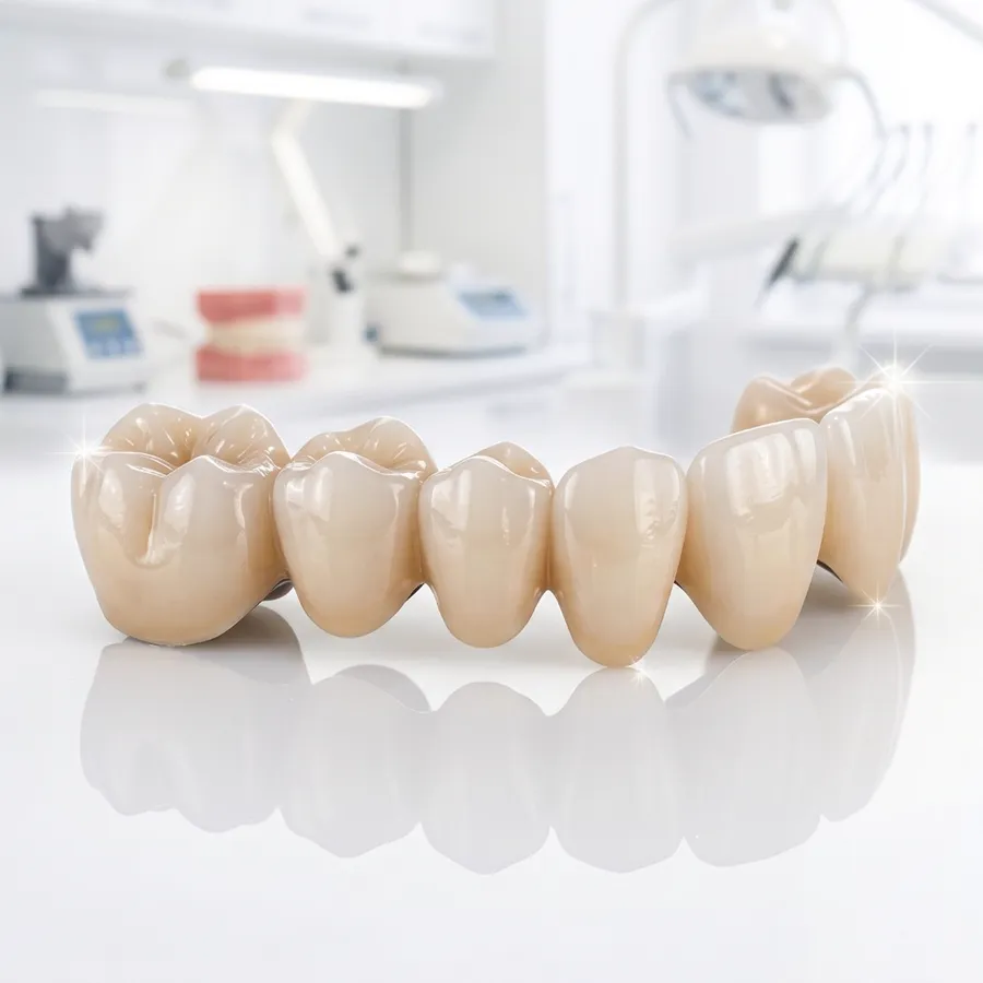 Six-unit ceramic bridge on a white lab bench