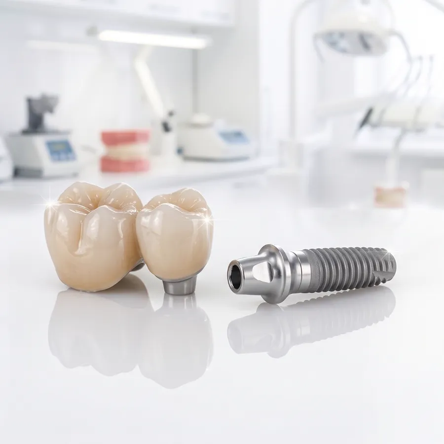 Ceramic crown on an abutment beside a titanium dental implant