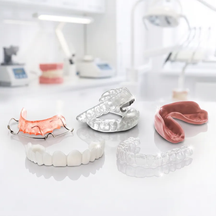 Retainer, clear aligners, night guard, mouthguard and veneer mock-up on a lab bench